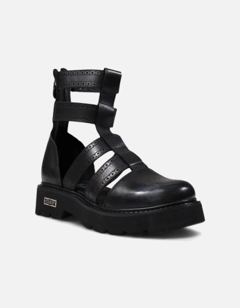 Leather Sandals with Zip and Rubber Sole Women - Black