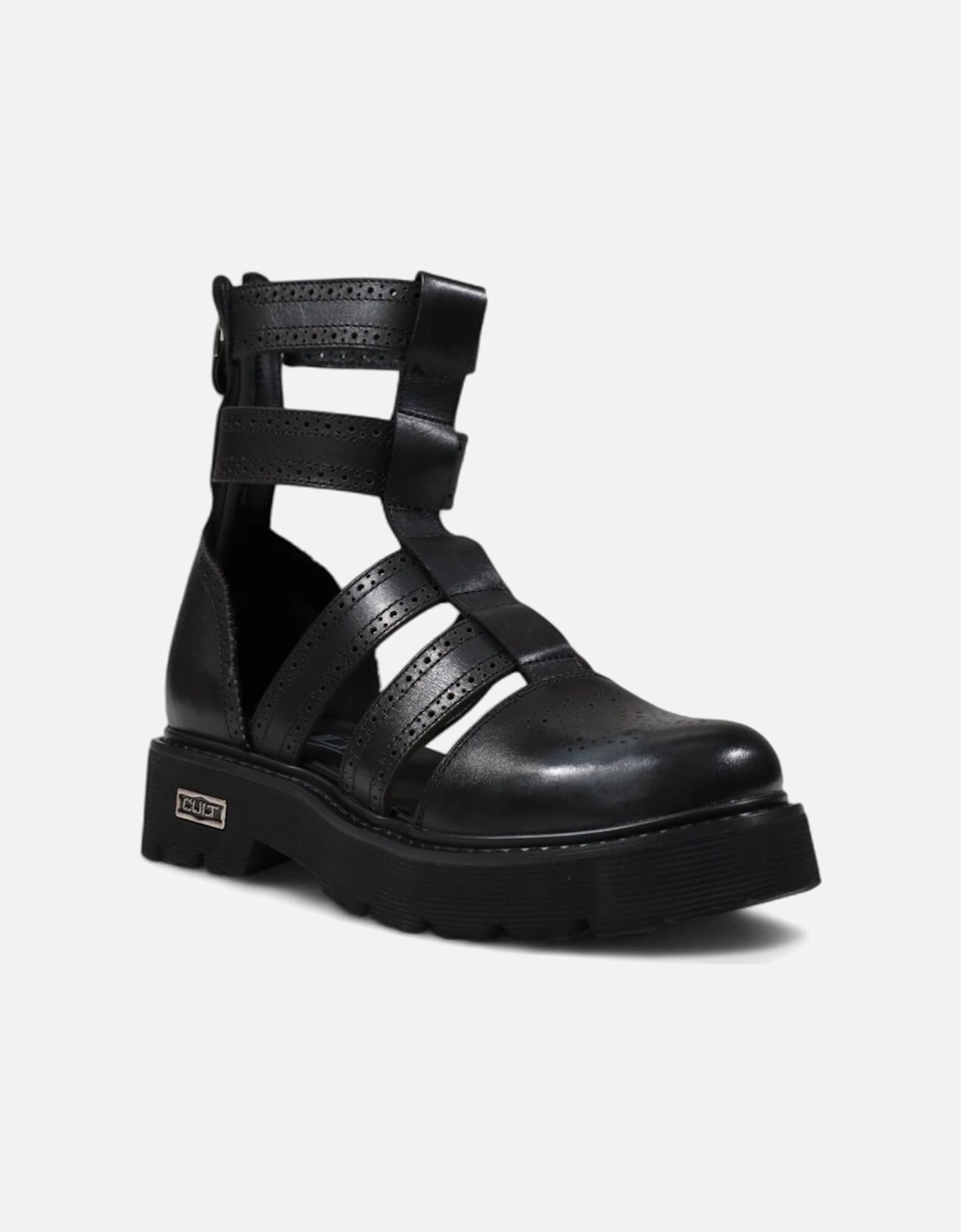 Leather Sandals with Zip and Rubber Sole Women - Black