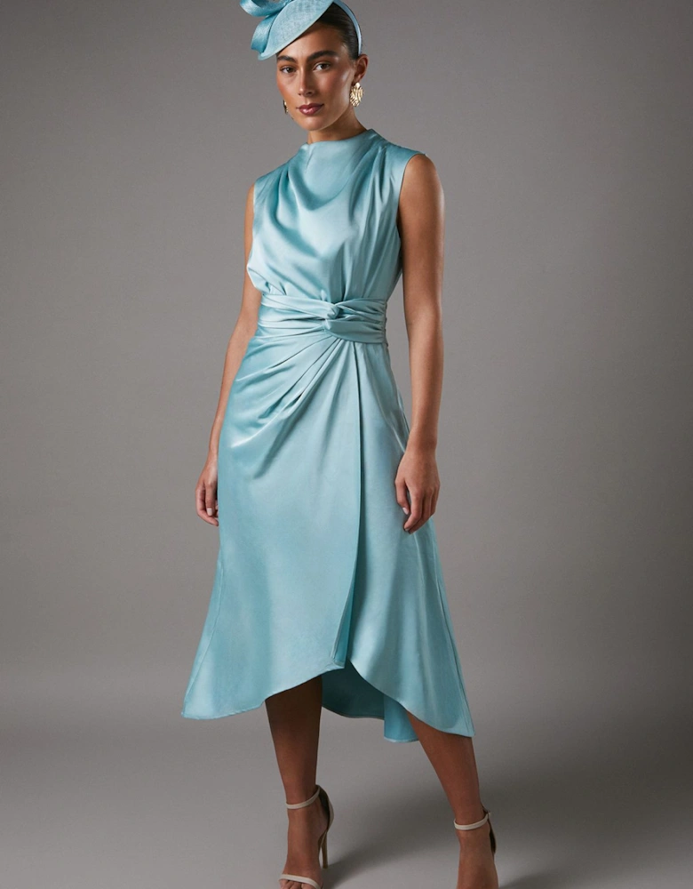 Satin Midi Dress With Twist Waist