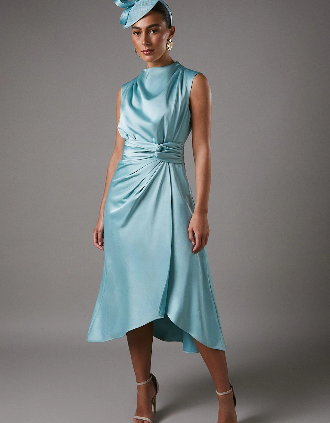 Satin Midi Dress With Twist Waist, 2 of 1