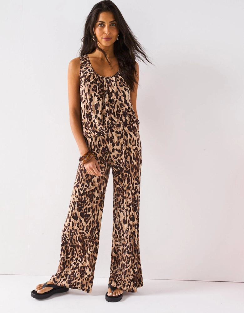 High Waisted Wide Leg Trouser - Brown Print