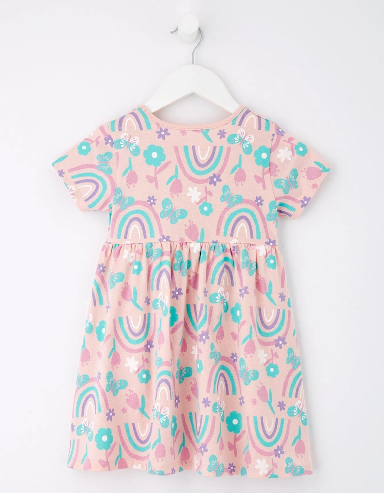 Girls Rainbow Short Sleeve Single Jersey Dress - Pink