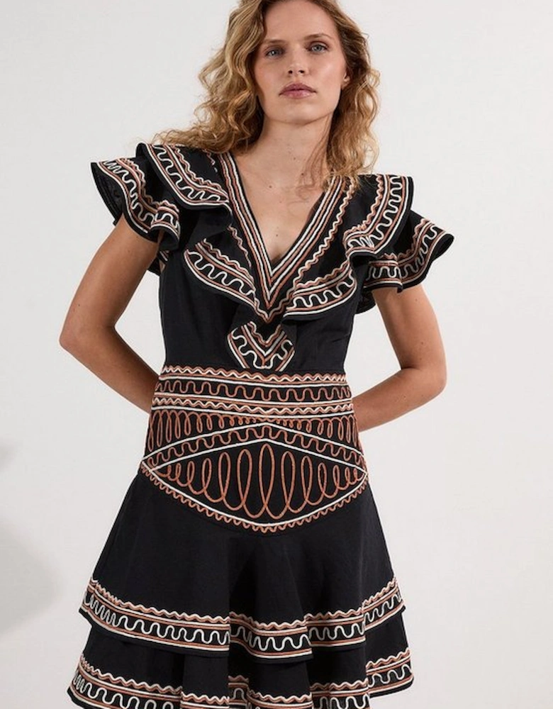 Embroidered Cotton Linen Woven Plunge Mini Dress