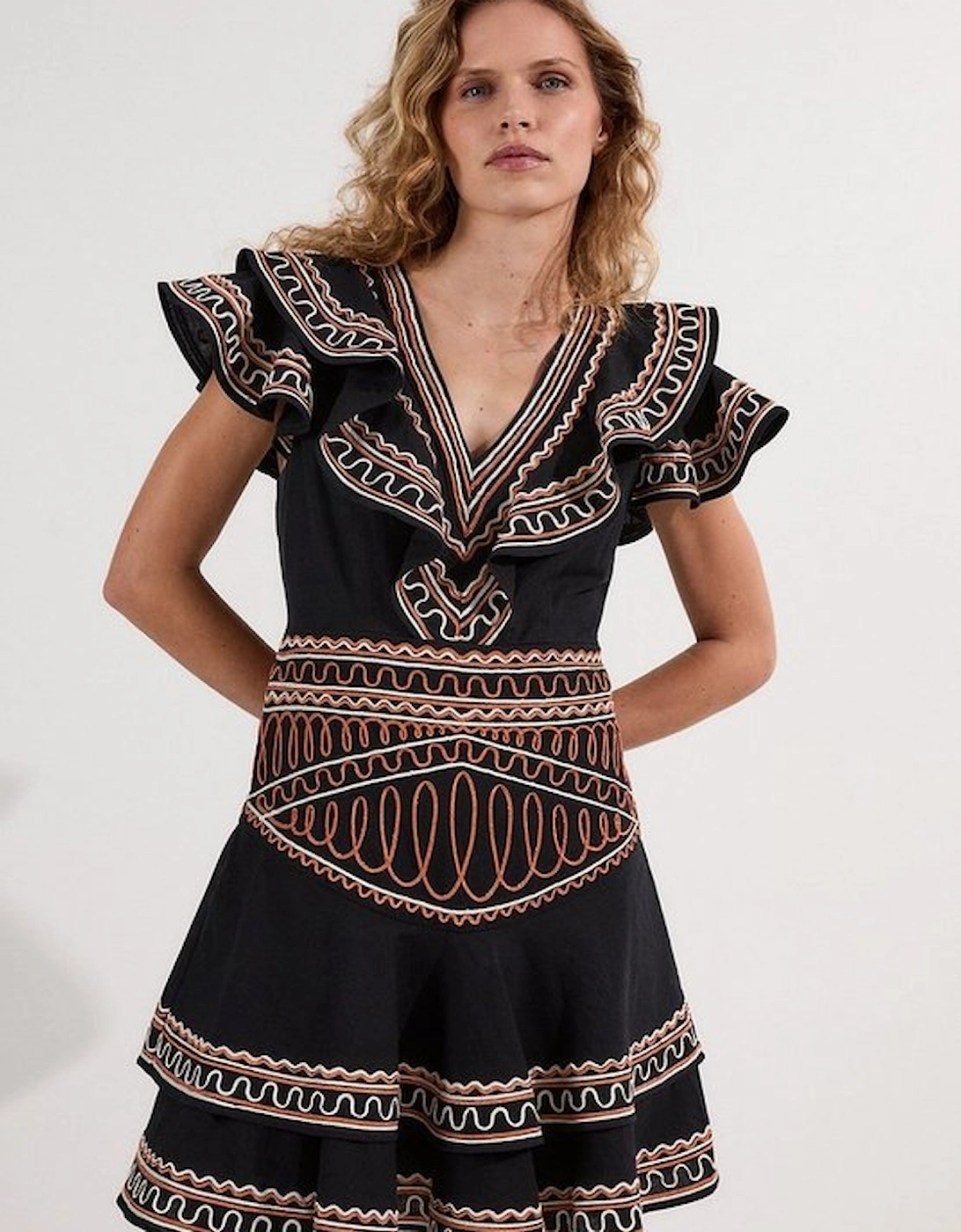 Embroidered Cotton Linen Woven Plunge Mini Dress, 4 of 3