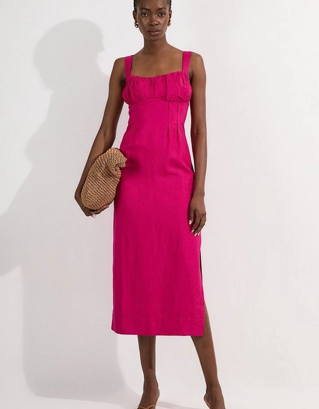 Viscose Linen Ruched Detail Strappy Woven Midi Dress, 5 of 4