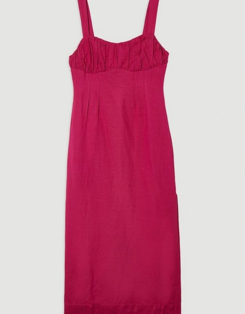 Viscose Linen Ruched Detail Strappy Woven Midi Dress