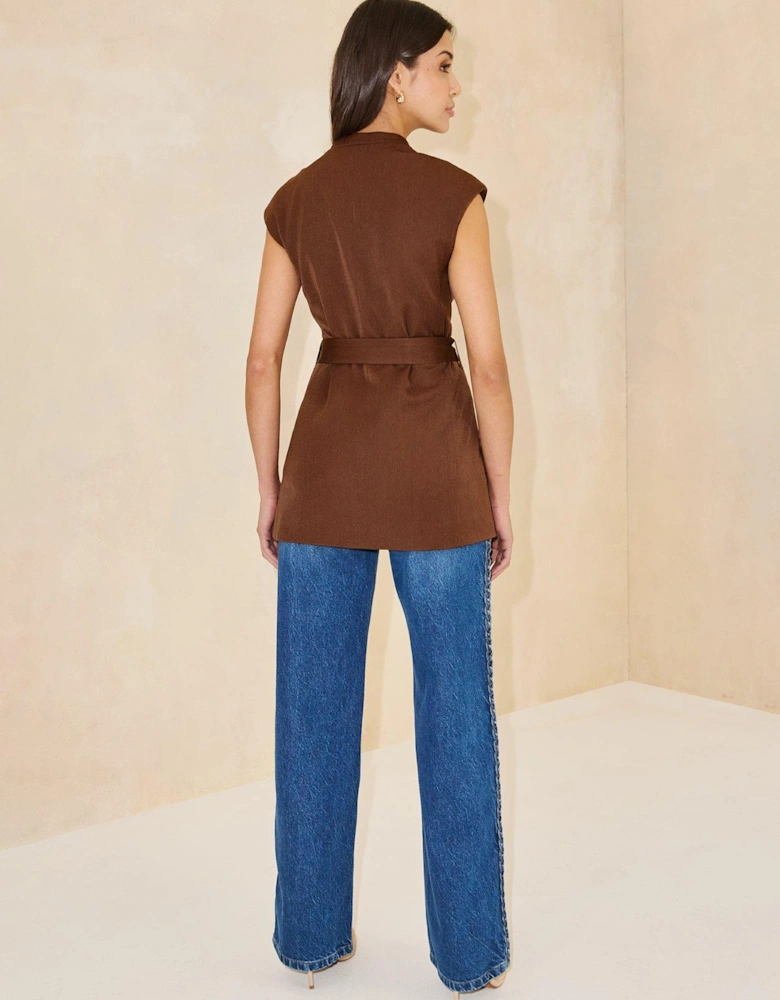 Wrap Over Belt Waistcoat - Brown 