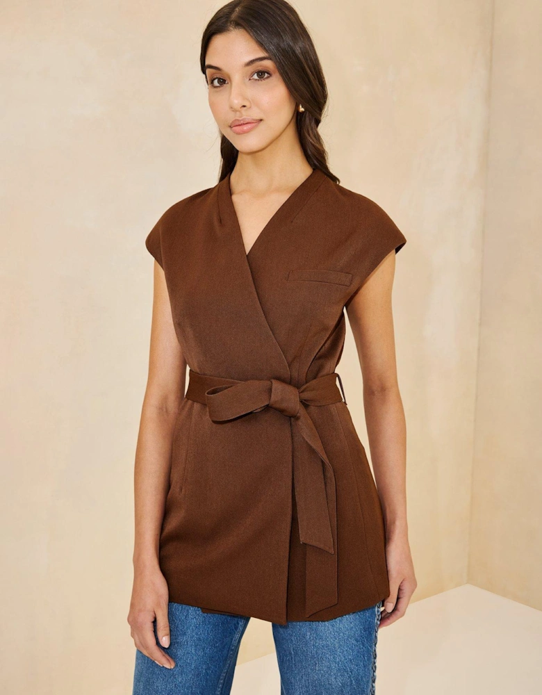 Wrap Over Belt Waistcoat - Brown 