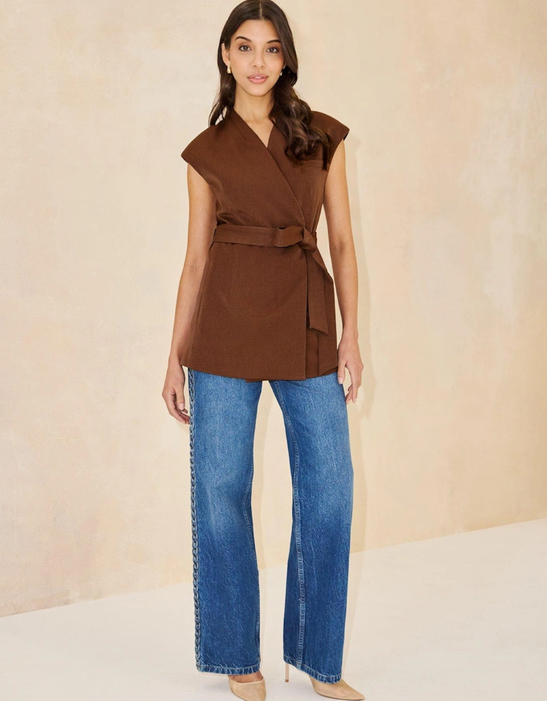 Wrap Over Belt Waistcoat - Brown 