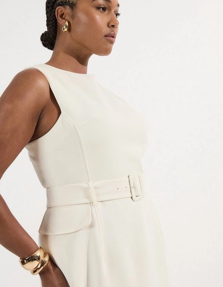 Plus Size Compact Essential Belted Tailored Midi Dress