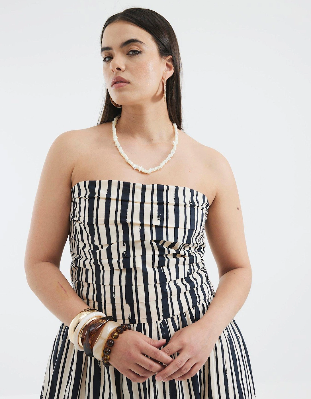 Pleated Bodice Bandeau Midaxi Dress - Stone
