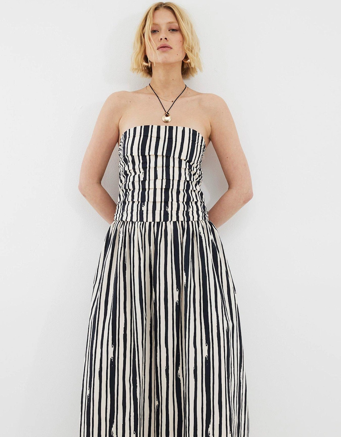 Pleated Bodice Bandeau Midaxi Dress - Stone