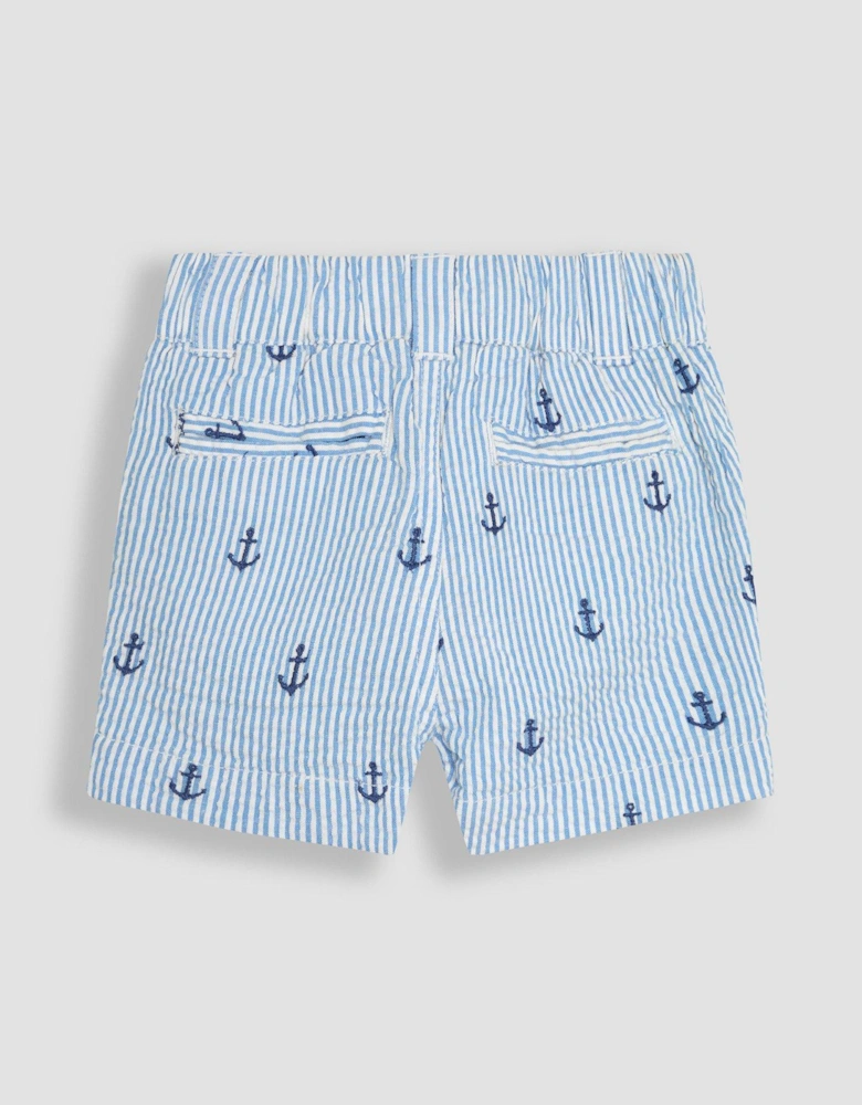 Boys Anchor Embroidered Seersucker Short - Blue