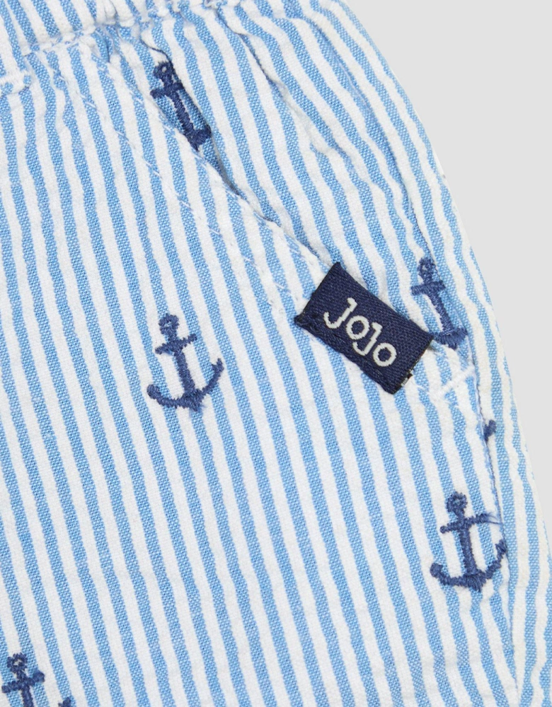 Boys Anchor Embroidered Seersucker Short - Blue