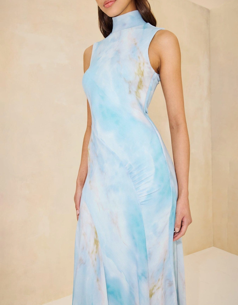 High Neck Printed Midaxi Dress - Blue