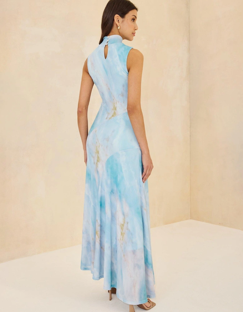 High Neck Printed Midaxi Dress - Blue