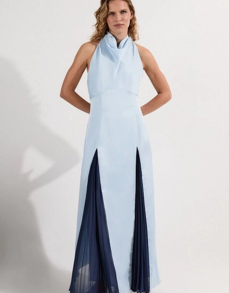 Drama Halter Pleat Insert Woven Maxi Dress