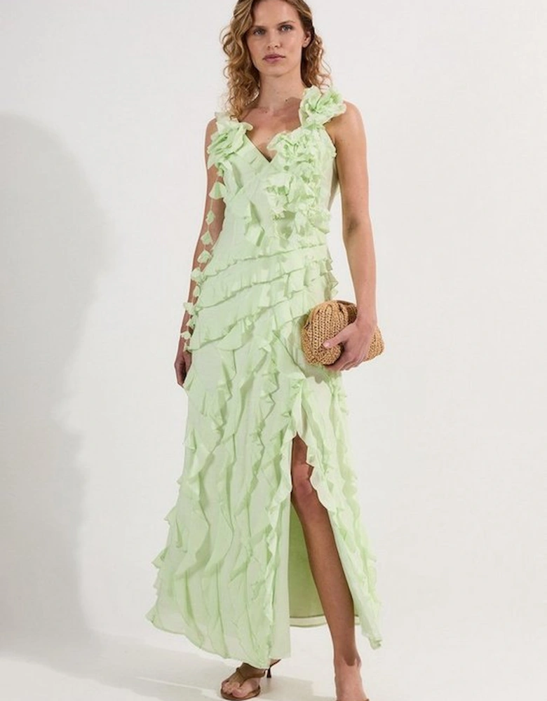 Petite Embellished Ruffle Strappy Woven Maxi Dress