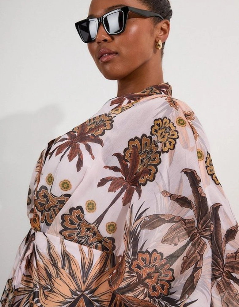 Plus Size Abstract Print Cotton Kimono Sleeve Woven Maxi Dress