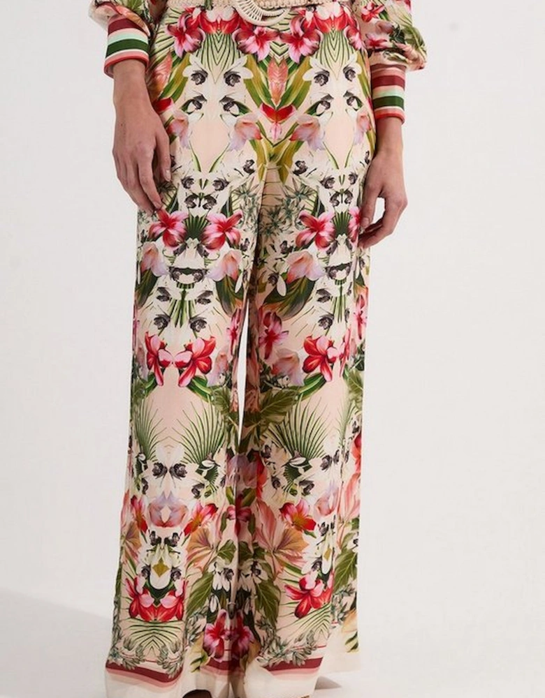 Mirrored Viscose Linen Floral Print With Raffia Belt Woven Trouser