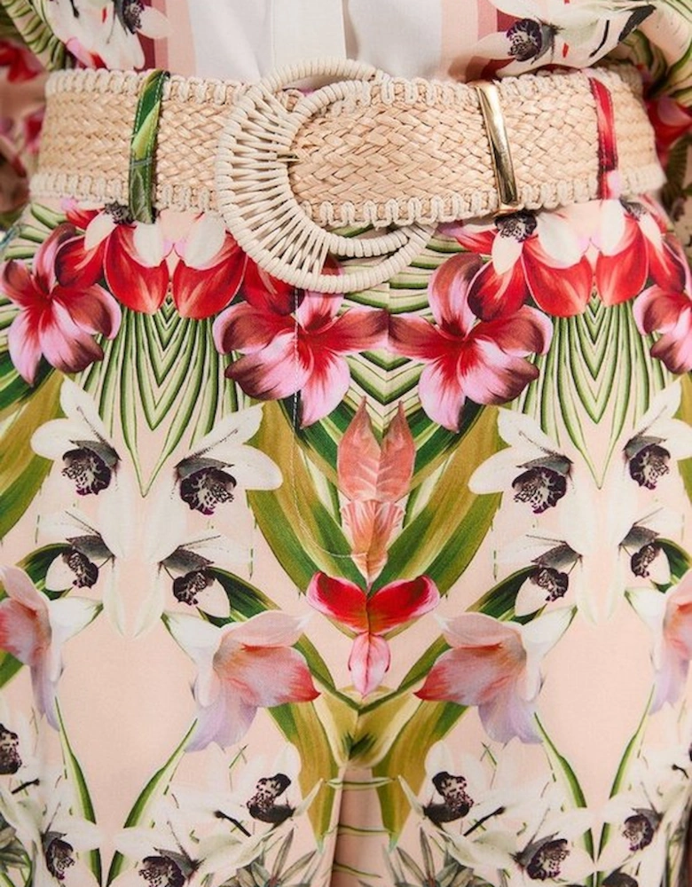 Mirrored Viscose Linen Floral Print With Raffia Belt Woven Trouser