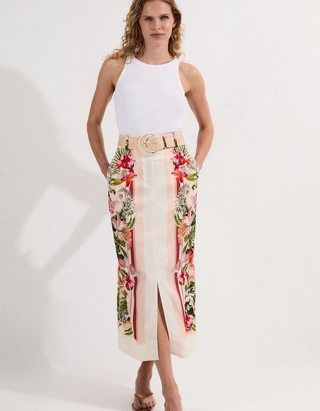 Petite Mirrored Viscose Linen Floral Print With Raffia Belt Woven Midi Skirt, 4 of 3