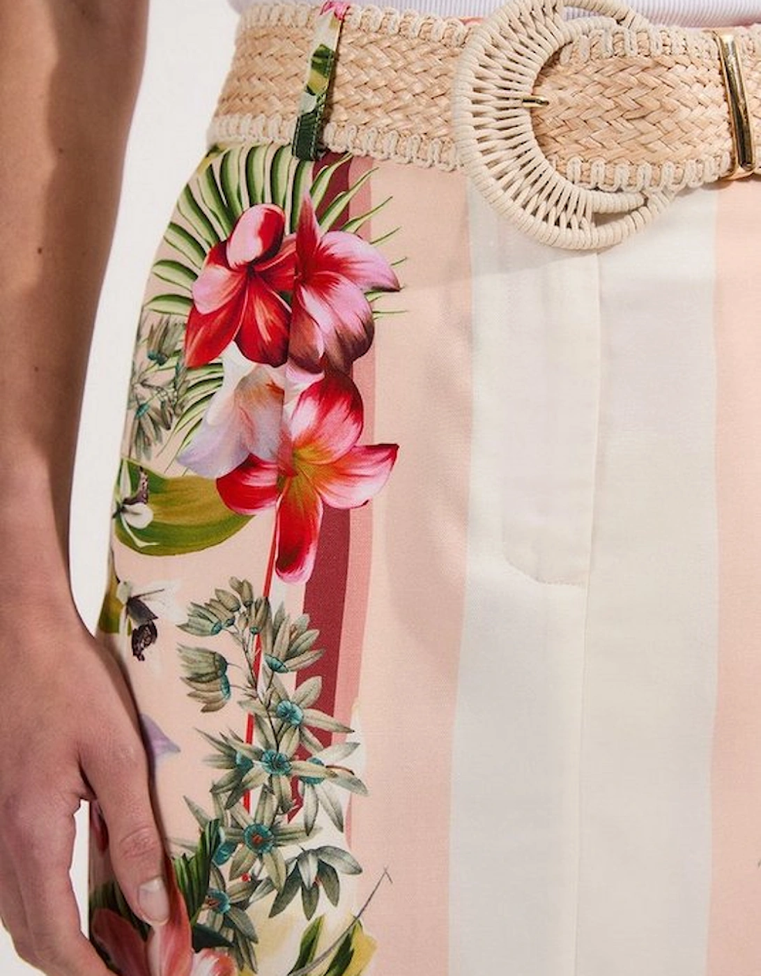 Petite Mirrored Viscose Linen Floral Print With Raffia Belt Woven Midi Skirt