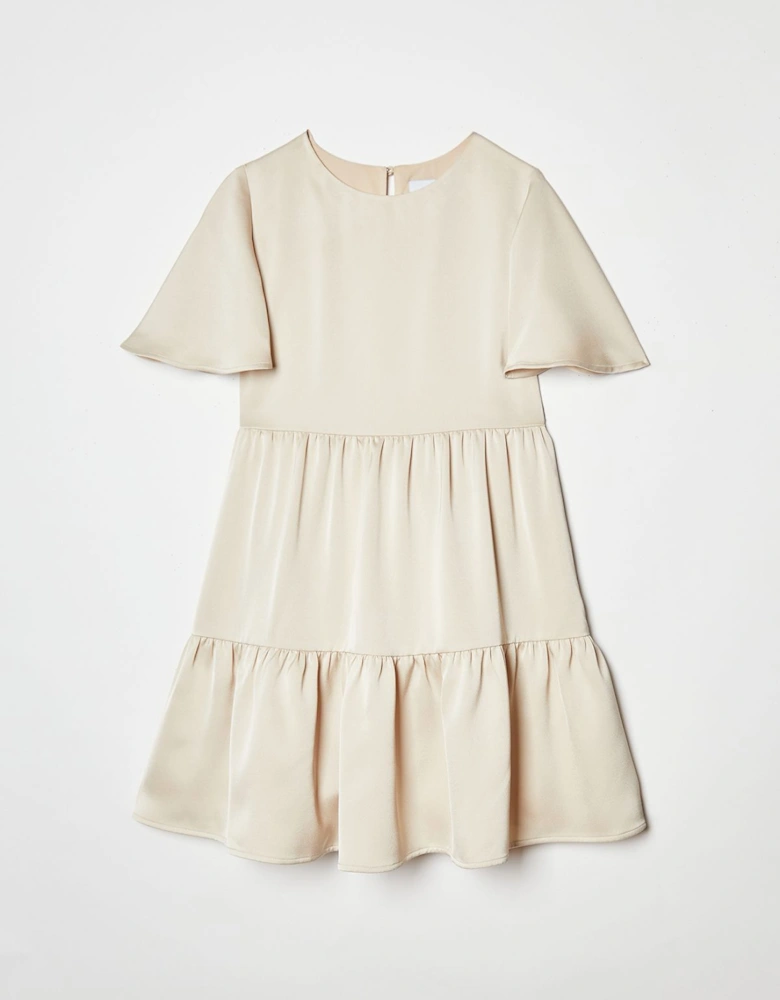 Girls Satin Back Crepe Tiered Angel Sleeve Dress