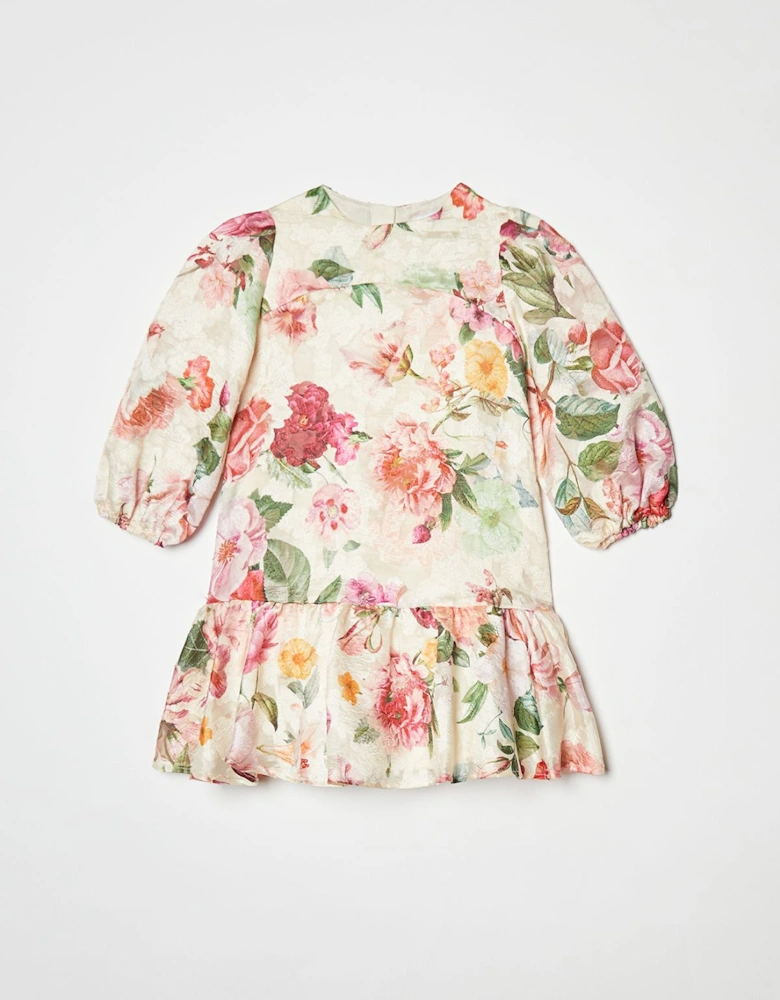 Children's Floral Jacquard Puff Sleeve Dress
