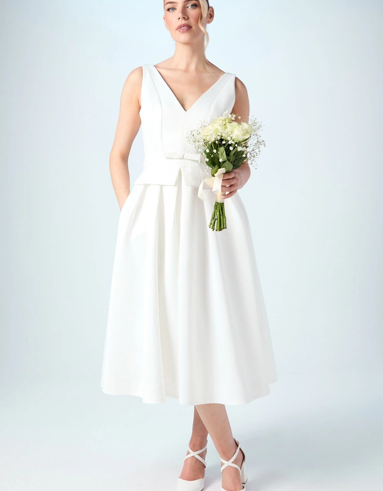 V Neck Bow Detail Full Skirted Midi Wedding Dress