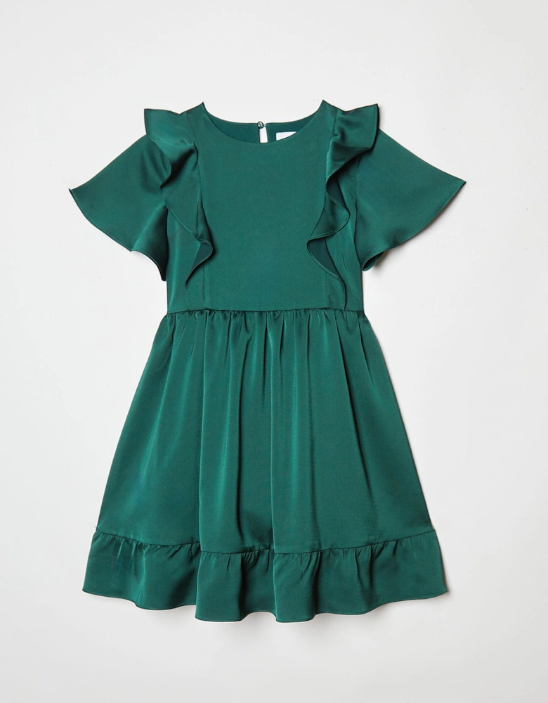 Girls Ruffle Satin Back Crepe Dress
