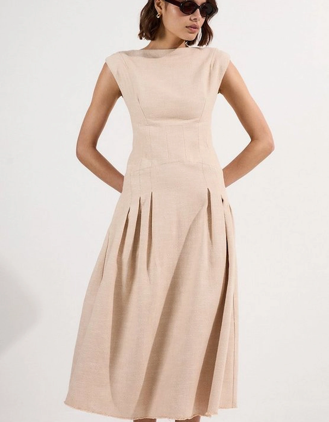 Petite Spring Tweed Tailored Sleeveless Full Skirted Midi Dress