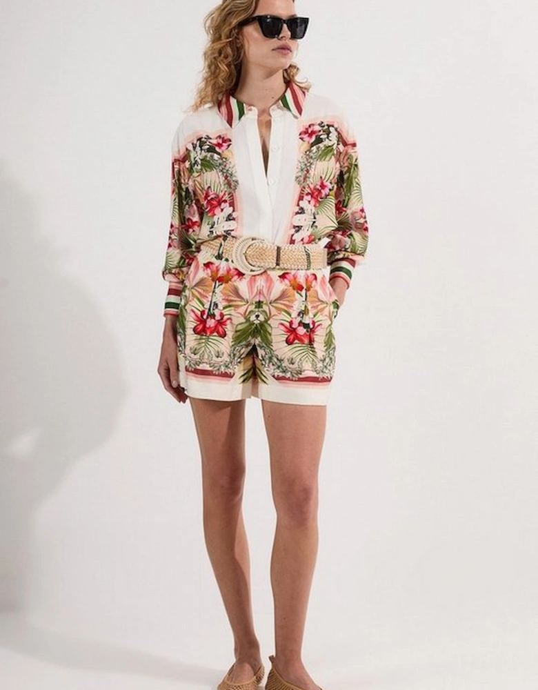 Mirrored Viscose Linen Floral Print With Raffia Belt Woven City Short