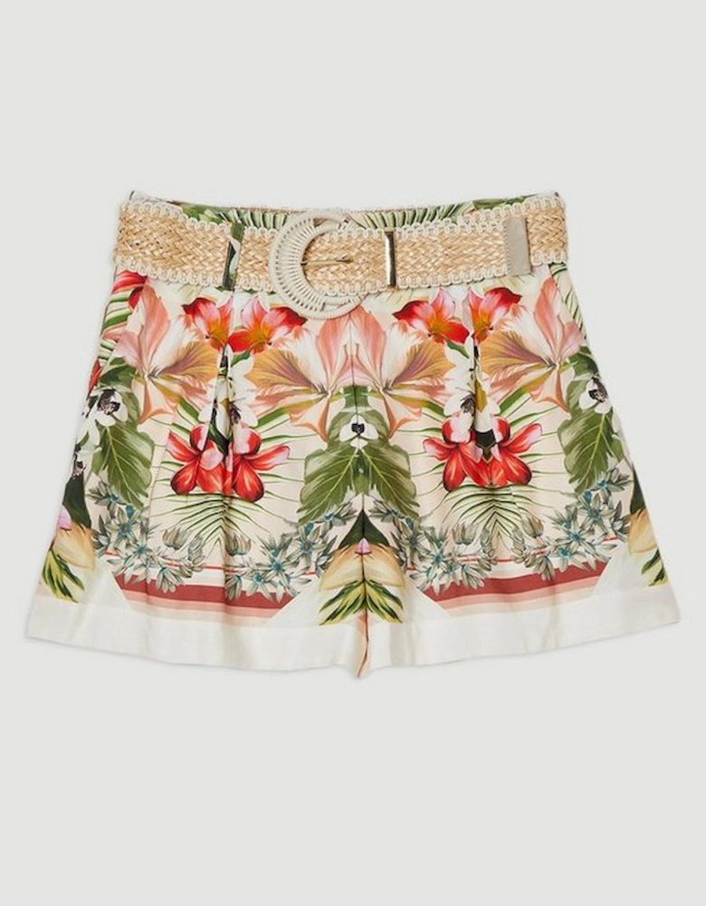 Mirrored Viscose Linen Floral Print With Raffia Belt Woven City Short