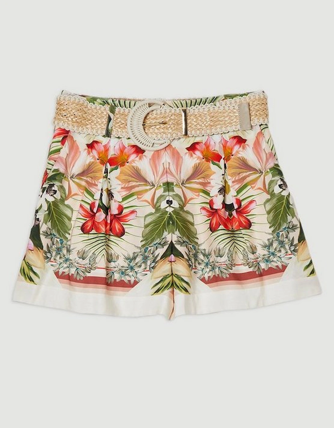 Mirrored Viscose Linen Floral Print With Raffia Belt Woven City Short
