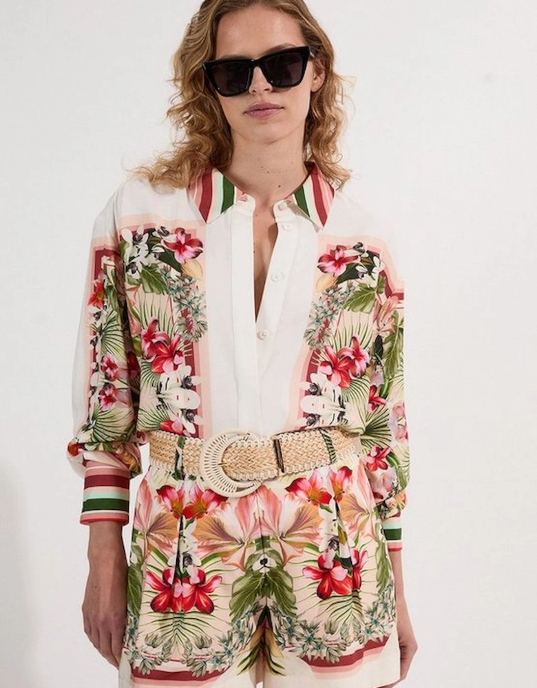 Mirrored Viscose Linen Floral Print With Raffia Belt Woven City Short