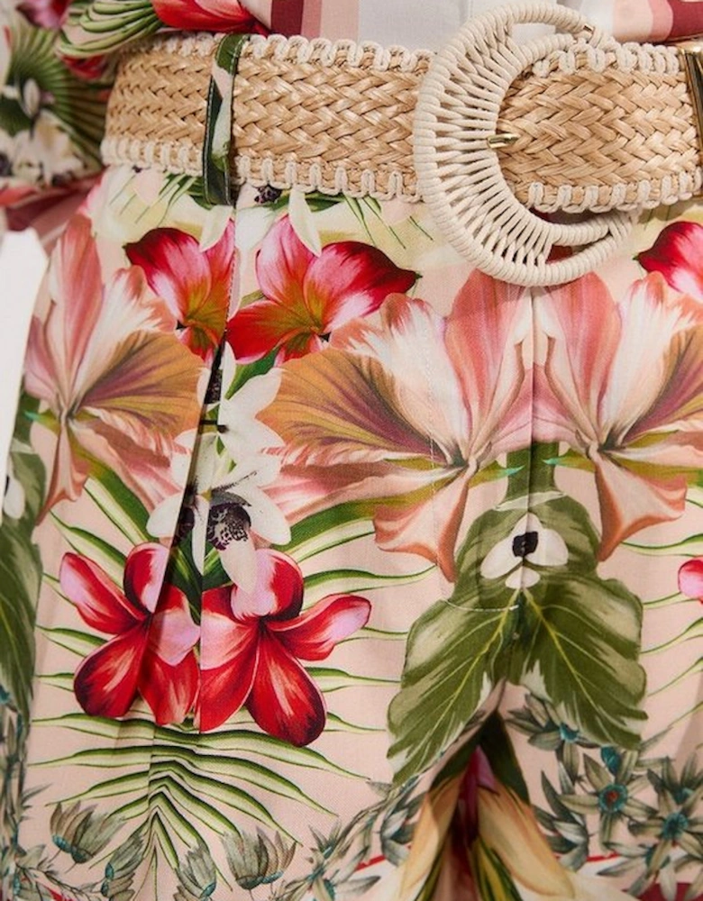 Mirrored Viscose Linen Floral Print With Raffia Belt Woven City Short