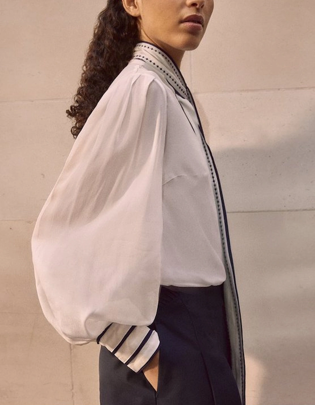 Archive Collection - Balloon Sleeve Contrast Stitch Bow Woven Blouse, 4 of 3
