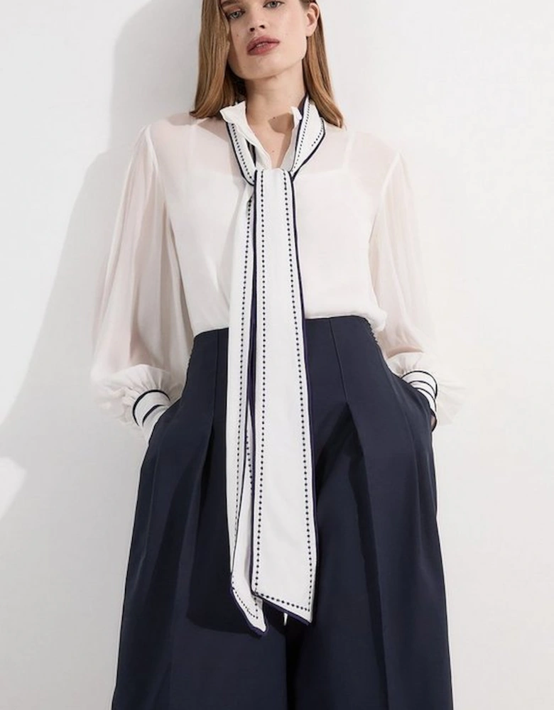 Archive Collection - Balloon Sleeve Contrast Stitch Bow Woven Blouse