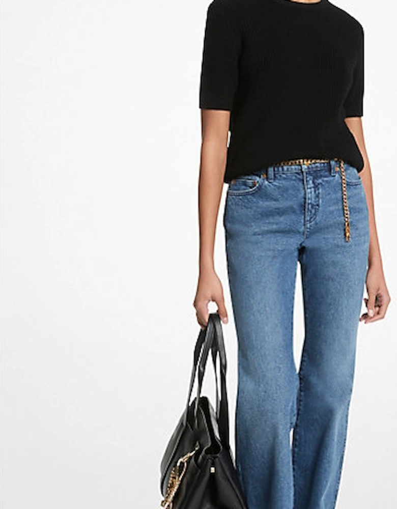 Stretch Cotton Belted Flared Jeans
