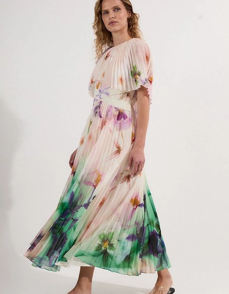 Pleated Floral Cape Sleeve Low Back Woven Maxi Dress