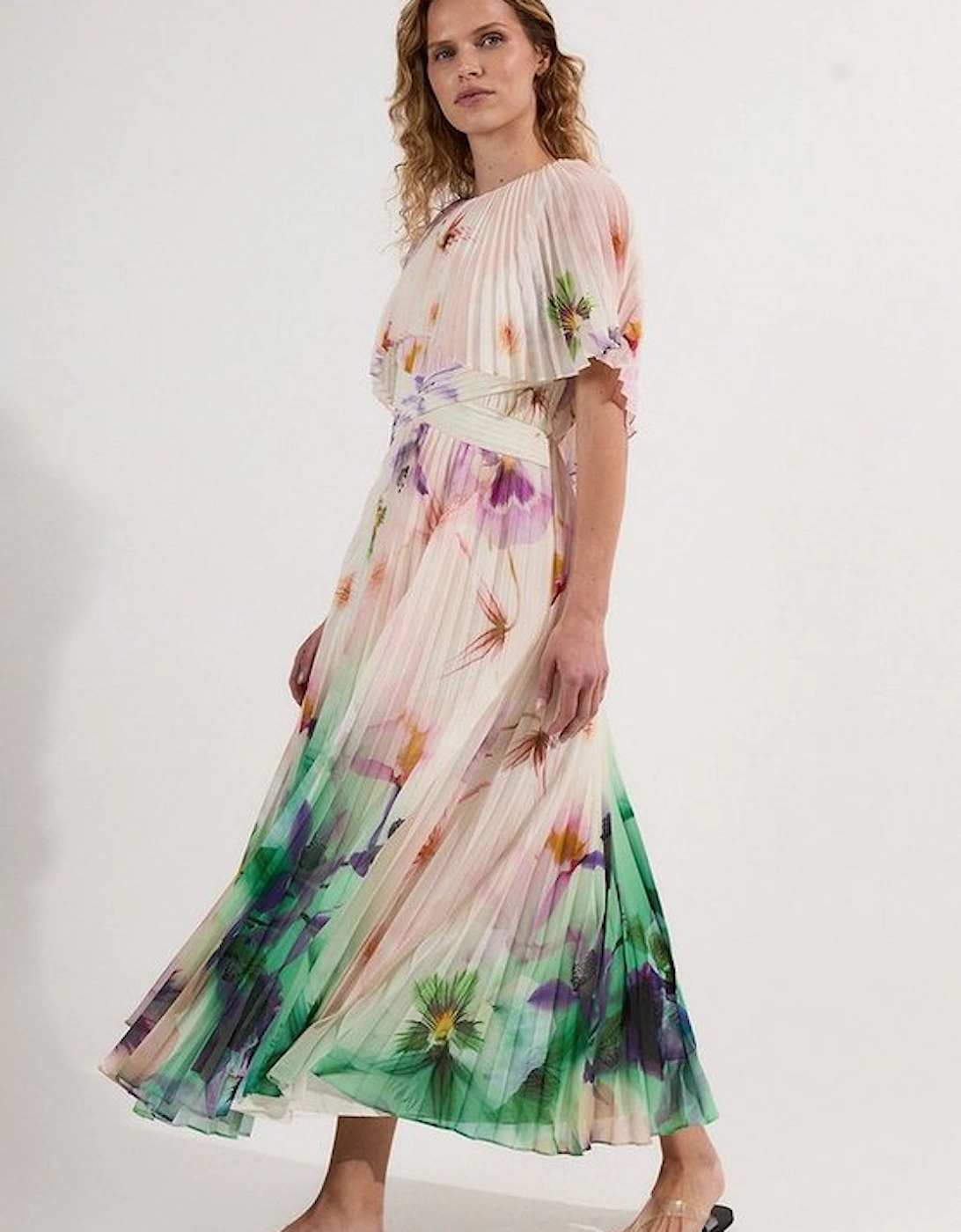 Pleated Floral Cape Sleeve Low Back Woven Maxi Dress, 5 of 4