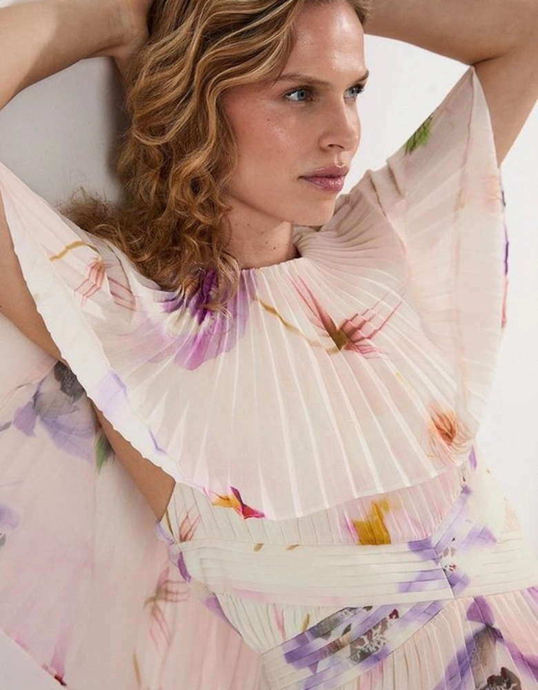 Pleated Floral Cape Sleeve Low Back Woven Maxi Dress