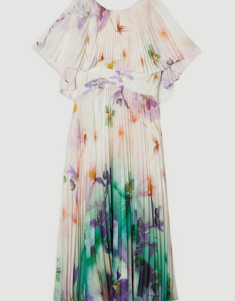 Pleated Floral Cape Sleeve Low Back Woven Maxi Dress