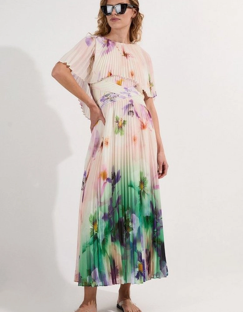 Pleated Floral Cape Sleeve Low Back Woven Maxi Dress