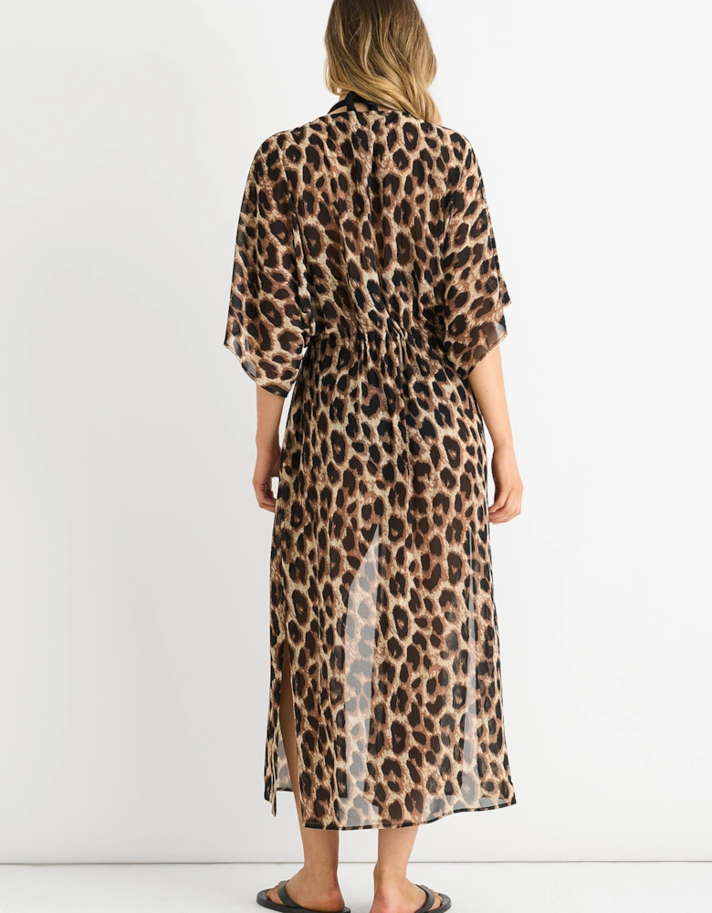 Brown Animal Print Flowy Open Front Beach Cover Kimono