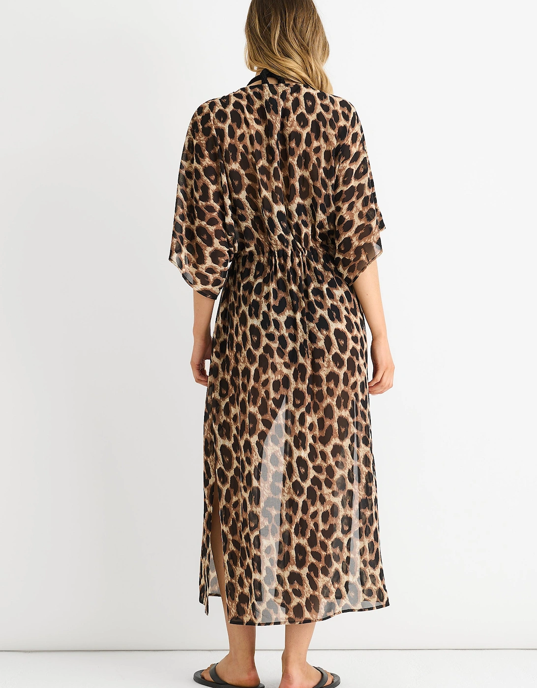 Brown Animal Print Flowy Open Front Beach Cover Kimono
