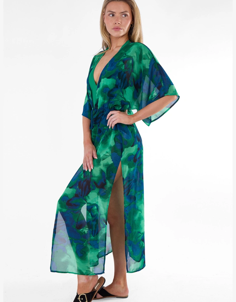 Green Flowy Open Front Beach Cover Kimono