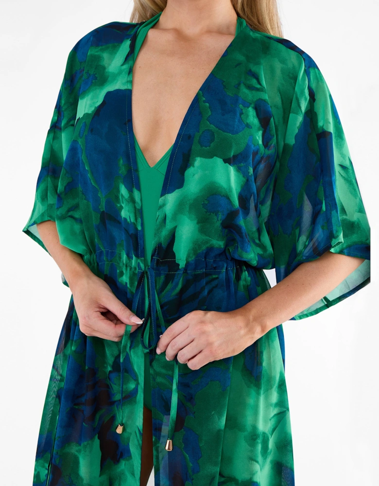 Green Flowy Open Front Beach Cover Kimono