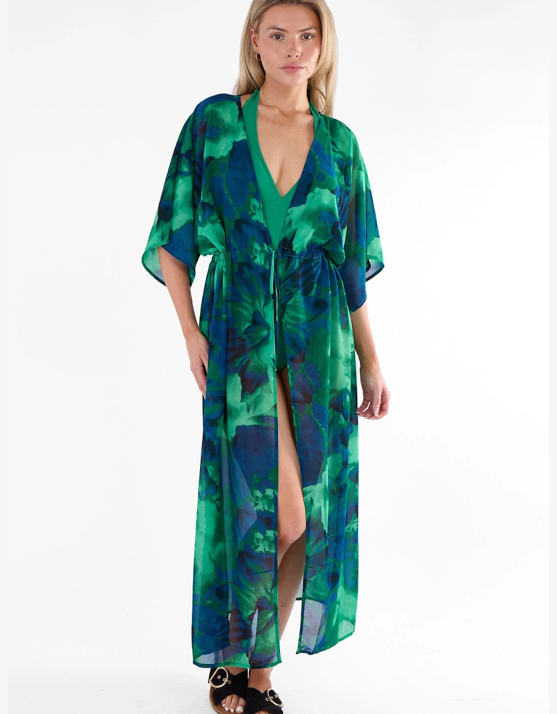 Green Flowy Open Front Beach Cover Kimono